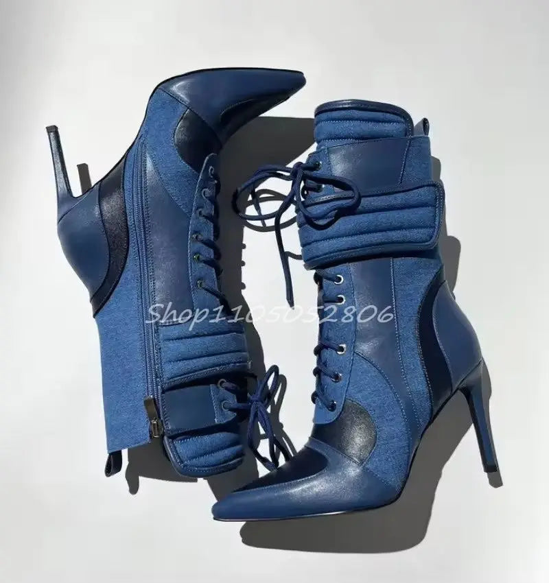 2026 Knee High Woman Boots Sexy Pointed Toe Lace-up Ladies Long Boots Thin Heel Patchwork Leather Motorcycle Boots 44