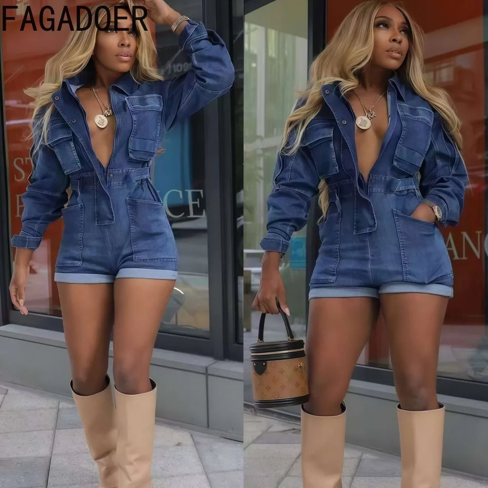 FAGADOER Retro Fashion Bodycon Denim Rompers Women Wash Cargo Pocket Patchwork Jumpsuits Female Streetwear Overalls 2025 New