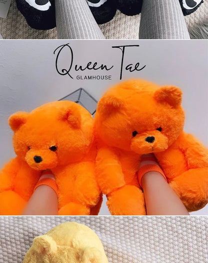 Cute Teddy Bear Plush Winter Slippers, Wrapped Heel Funny Indoor Floor Shoes, Women Gift, Warm Soft Cartoon Fluffy Animal Slippe