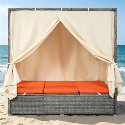 Patio Chaise Lounge, PE Rattan Outdoor Patio Wicker Sunbed Daybed with Adjustable Seats, Four-sided Canopy,, Customized