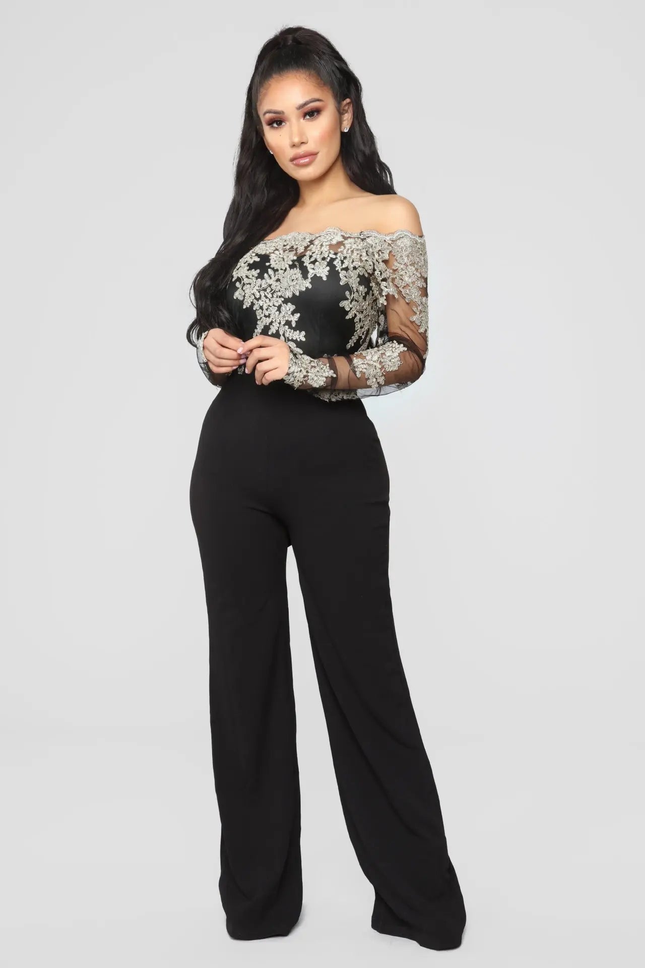 Womens Elegant Off Shoulder Long Pants Wide Leg Jumpsuits Floral Embroidery Lace See Through Cocktail Club Party Evening Rompers