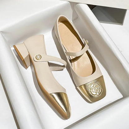 Fashion Mary Jane Women's Shoes 3cm Wide Heel Pumps Embroidered Flowers Pearl Buckle Strap Mary Jane Shoes Luxury Leather Heels