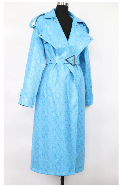 Nerazzurri Spring Autumn Long Oversized Colorful Snakeskin Print Patent Leather Trench Coat for Women Belt Runway Fashion 2022