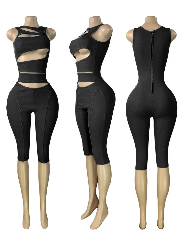FLARORA Fashion Ribber Knitted Capri Jumpsuits Woman Sexy Hollow Out O-neck Sleeveless Zipper Skinny Playsuits Hottie Streetwear