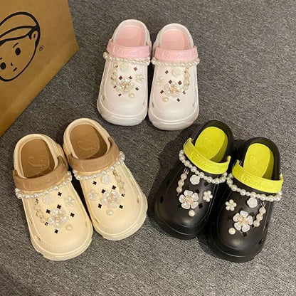 Luxury DIY Pearl Chain Non Slip Clogs Women Summer 2026 Comfort Platform Slip On Sandals EVA Thick Bottom Outdoor Slippers Shoes