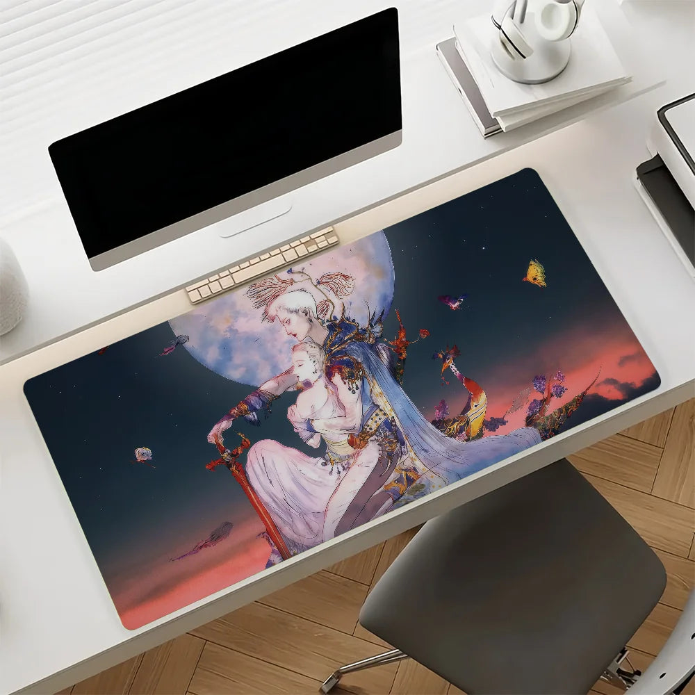 Gaming Mouse Pad, Large Desk Mat, Anti-slip Rubber Base, Stitched Edges, Golden Fantasy Art Print for Gaming & Office Desk Use