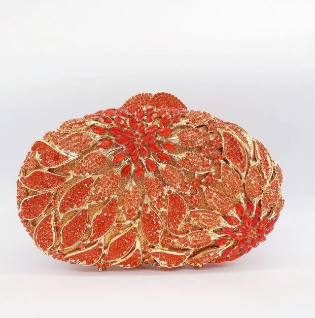 Gold Metal Leaves White Crystals Evening Clutch Bags Luxury Women Wedding Party Purse Ball Handbags Rhinestone Mini Minaudiere