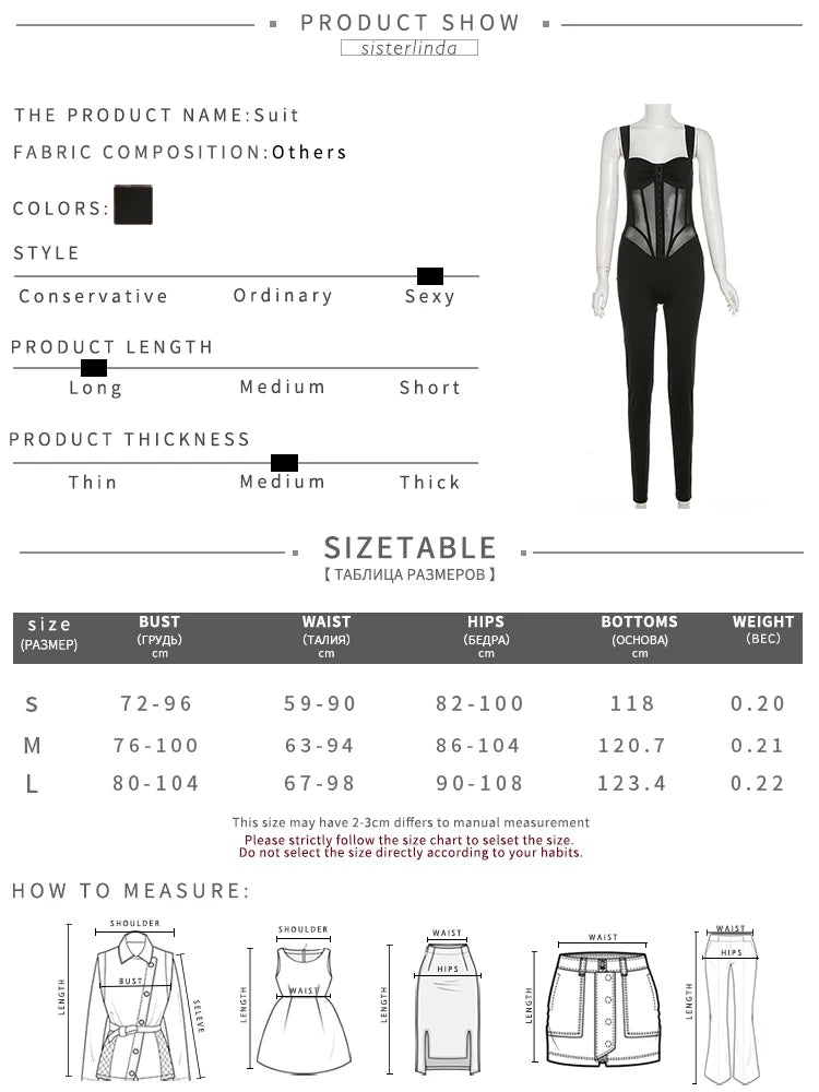 Sisterlinda Mesh Patchwork Hipster Jumpsuit Women Sleeveless Single-Breasted Elegant Sexy Midnight Workout Overalls Clubwear2024
