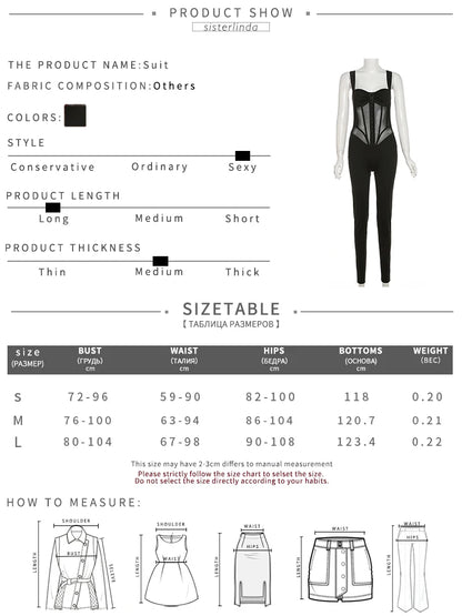 Sisterlinda Mesh Patchwork Hipster Jumpsuit Women Sleeveless Single-Breasted Elegant Sexy Midnight Workout Overalls Clubwear2024