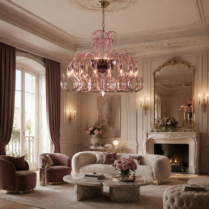 Pink Glass Swan Chandelier Luxury French Style LED Pendant Light for Living Room Bedroom Dining Room Home Decor