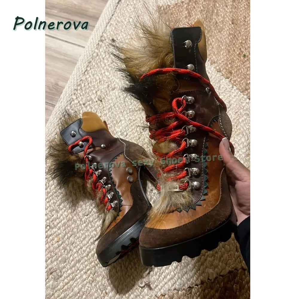 Faux Fur Cross Tied Fashion Boots 2026 New Arrivals Round Toe Toe Strange Style Mixed Colors Women Sexy Mid-Calf Boots Trend