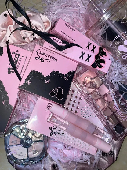 VEECCI Sweet Spicy Girl Ribbon Series Gift Box Makeup Kit Lipstick Eyeshadow Concealer Hair Rope Set Pink Delicate Cute Makeup