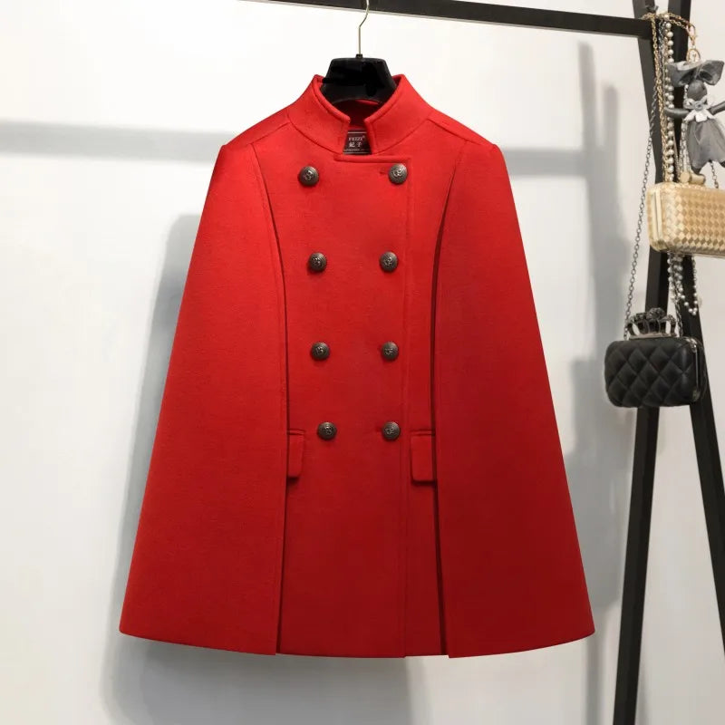 New Winter Women Double Breasted Cape Woolen Blends Elegant Ladies Coat Stand Collar Cloak Outwear Coats Vintage Overcoat