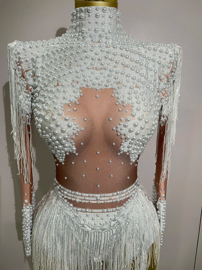 Sparkly Rhinestone Sequin Tassel Stretch Bodysuits 2025 New Arrival Women Birthday Party Nightclub Dj Stage Performance Costume
