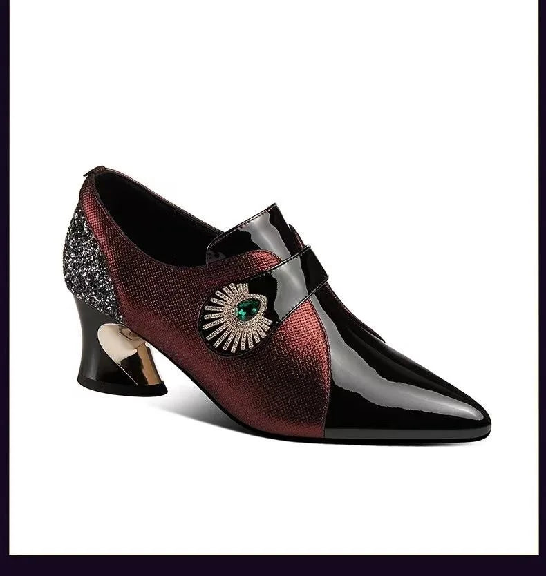 Deep Mouthed Color Blocked High Heels 2025 Spring Autumn New Style Thick Heel Fashionable Pointed Side Zipper Leather Shoes