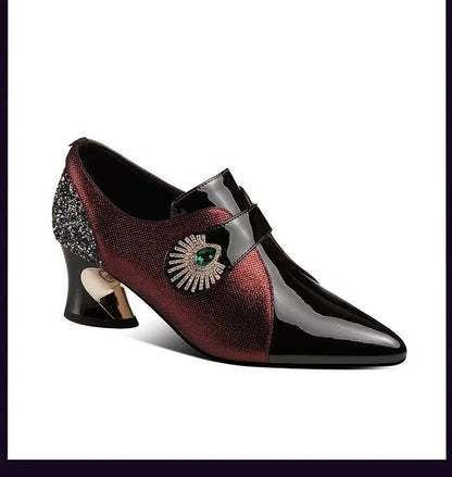 Deep Mouthed Color Blocked High Heels 2025 Spring Autumn New Style Thick Heel Fashionable Pointed Side Zipper Leather Shoes