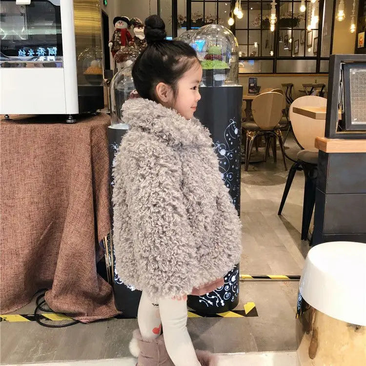 Autumn Winter Girls Warm Coat 2025 New Korean Fashion Faux Fur Thicken Solid Color Turn-down Collar Plush Jacket