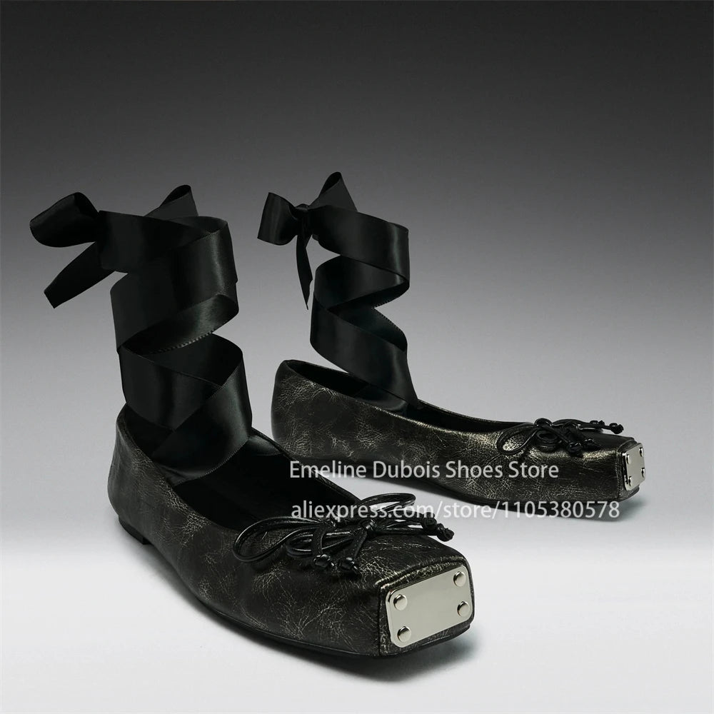 Metallic Square Toe Ankle Wrap Bow Ballet Flats PU Leather Lace up Gothic Street Club Party Plus Size Casual Shoes for Women