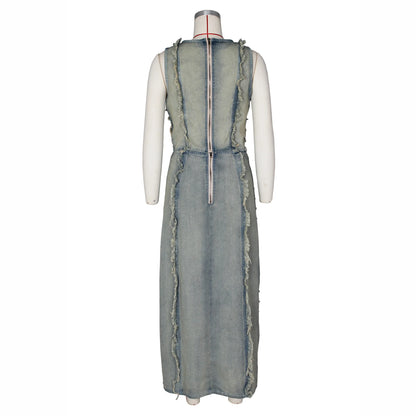 Hollow Out Jeans Skirt Outfit Set Sexy Women Elegant Two Pieces Denim Club Matching Set Top+Long Skirt