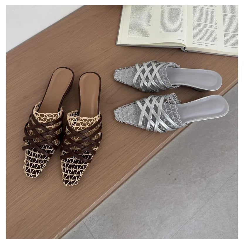 2026 Summer Luxury Fashion Designer Slippers Women Lace Mesh Square Toe Slip On Mule Slippers Low Heel Sandal Casual Shoes Muje