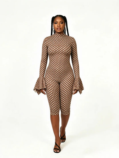FAGADOER New Polka Dot Jumpsuits Women Autumn Long Flare Sleeve Rompers with Headscraft Back Hollow Out Sexy Bodycon Streetwear