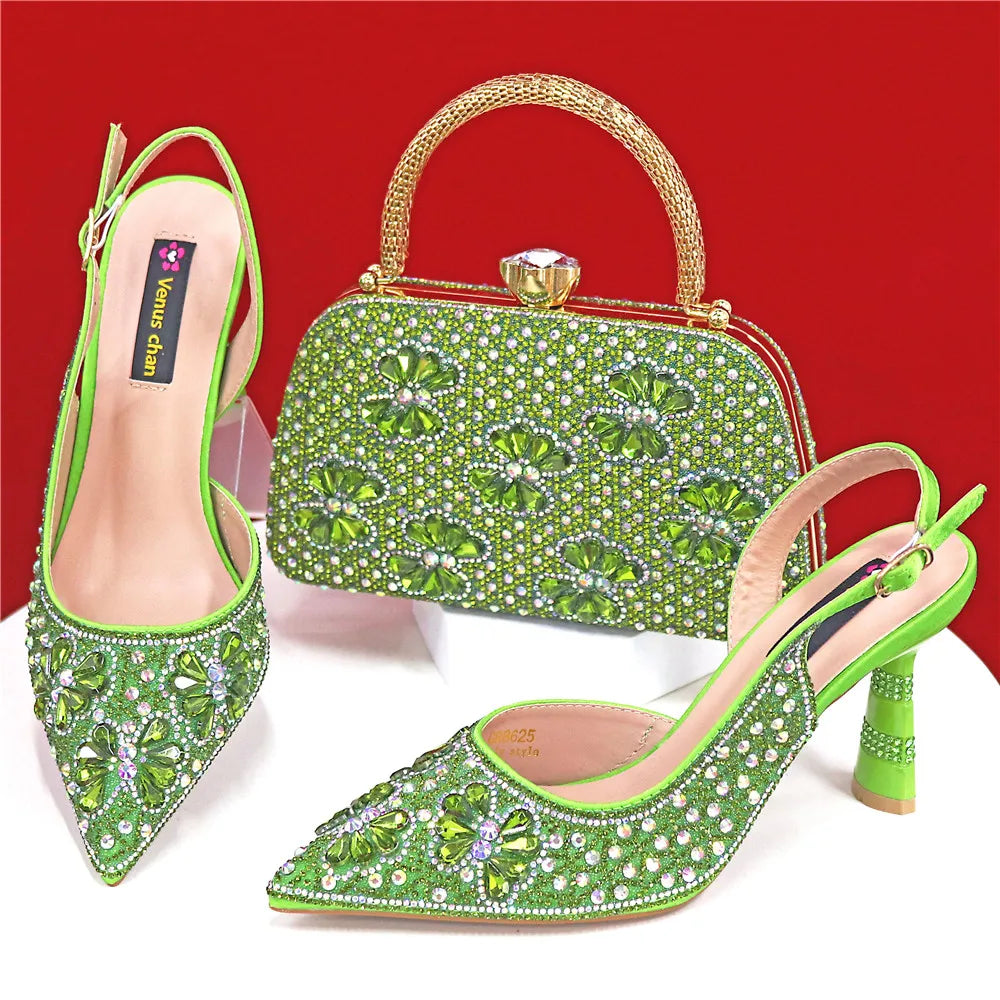 Luxury Handmade Flowers Shoes and Clutch for Women- Nigerian Style Elegant Crystal Heels with Matching Evening Bags