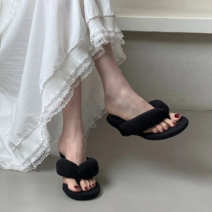 New Footwear Flock Women Wedges Slippers Flip Flops Shoes Fashion Round Toe Ladies Wedges Slippers Shoes Female Sandals Slides