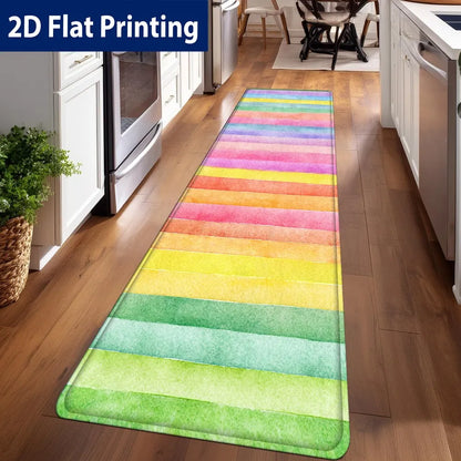 Watercolor Rainbow Stripe Kitchen Runner Rug, Non-Slip Washable Durable Mat for Kitchen, Laundry Room & Entryway