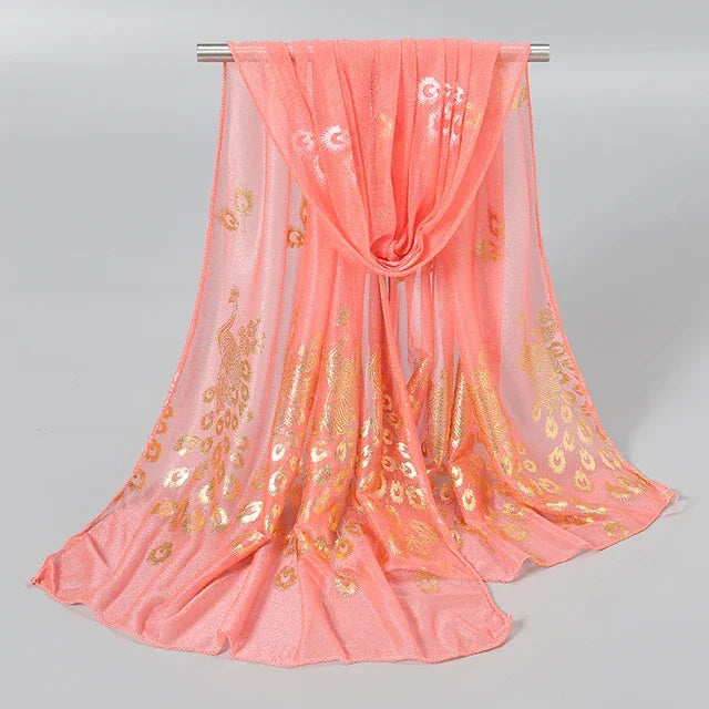 Women Glitter Thin Muffler Solid Color  Elegant Hijab Scarf Chiffon Long Scarves Gold Peacock Print Wrap Shawl Georgette Scarf