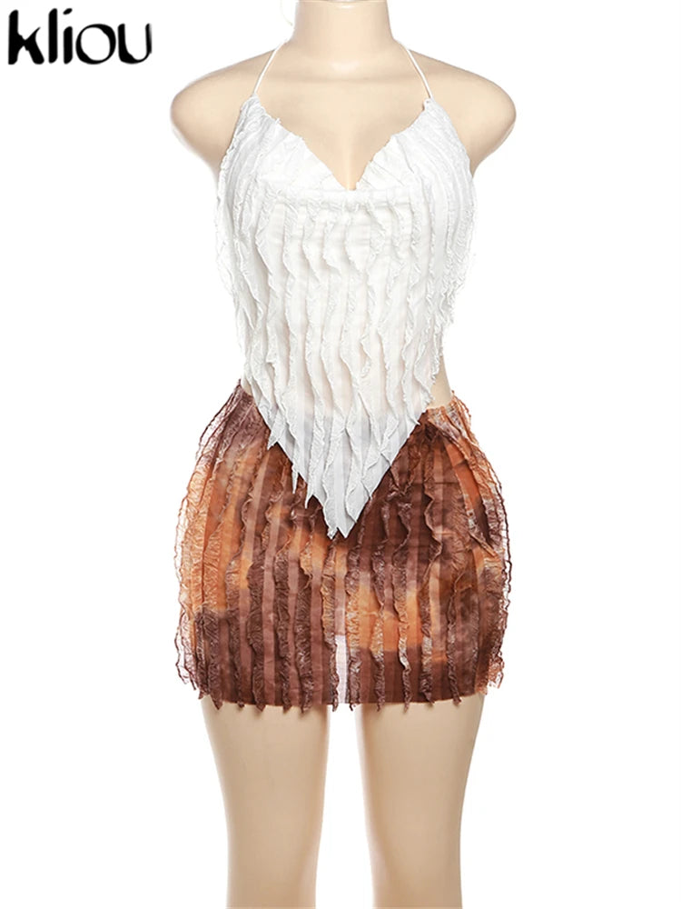 kliou Summer Women Mini Sexy Mesh Two Piece Set K23S37851 Girl Print Ruched Halter Camisole+Hip Skirt Outfit Dance Club Attire