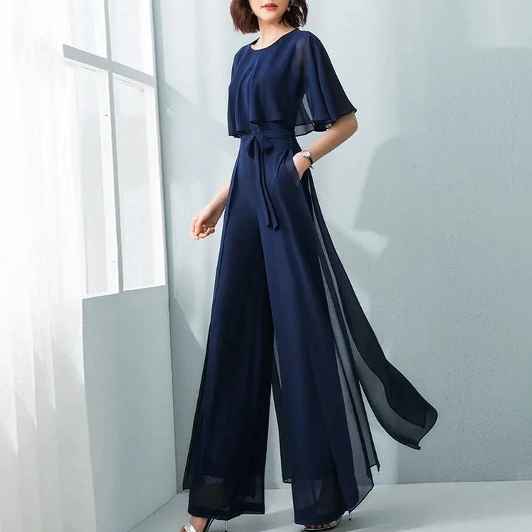 2024 New Summer Women Chiffon Jumpsuits Female Casual O Neck Sashes Overalls Ladies Wide -Leg Romper Solid Streetwear Playsuit