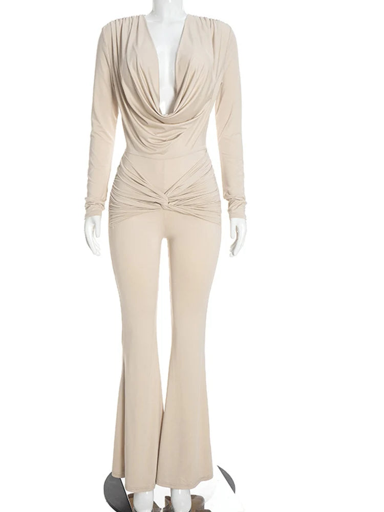 Beyprern Autumn Solid Long Sleeve Plunging Neck Rompers Women Elegant Drape Slim Flared Jumpsuits High Waist Bodysuits Overalls