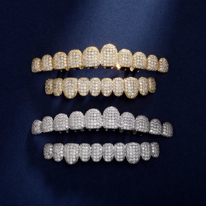 TOPGRILLZ Iced Out 10 Top &10 Bottom 5A CZ Stones Teeth Grillz Punk Rapper 14K Gold Plated Zircon Tooth Caps For Mouth Jewelry
