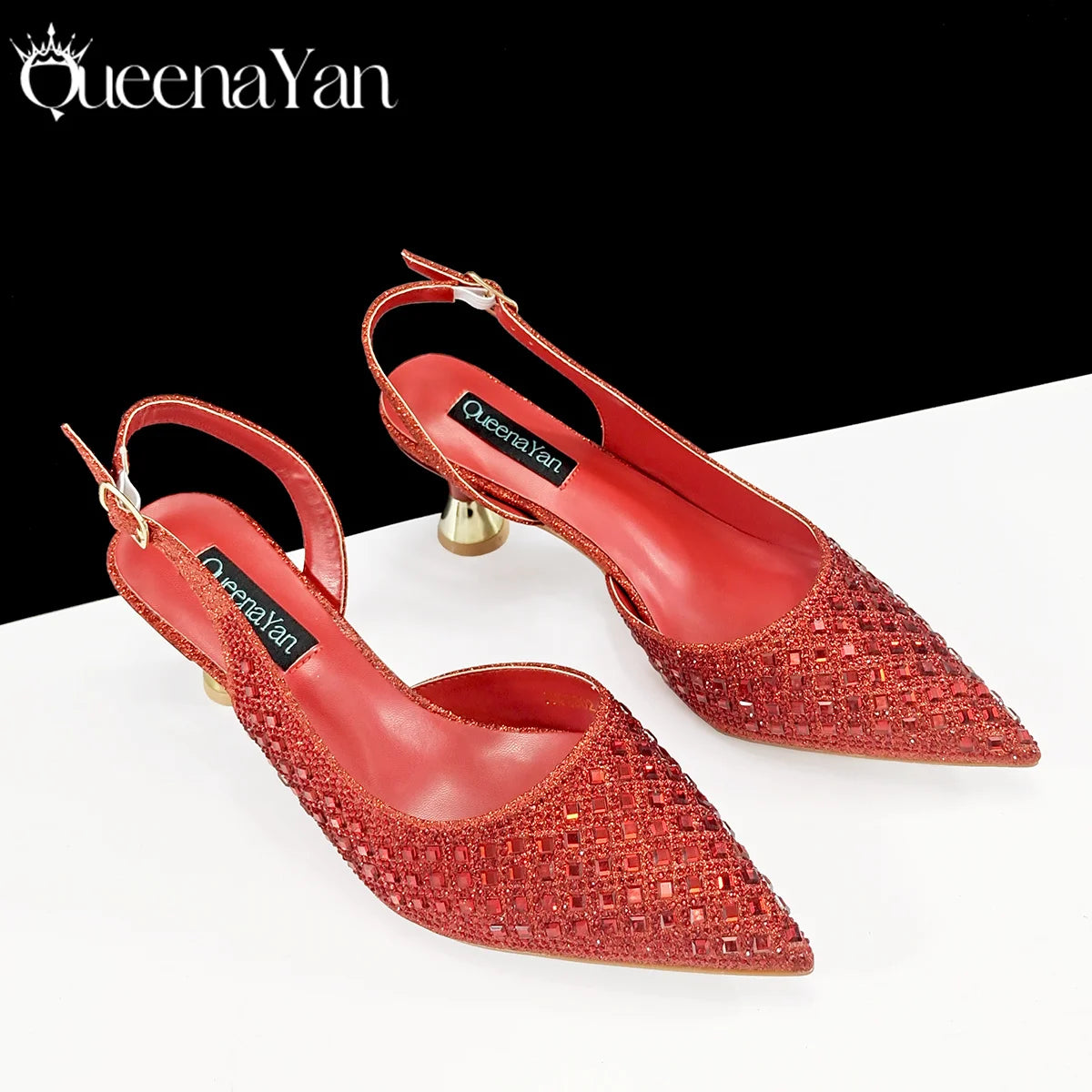 Queena Yan 2026 Italian Design Rhinestone Luxury Navy Blue Pointed Toe Shoe & Bag Set Women High Heels for Parties High Quality