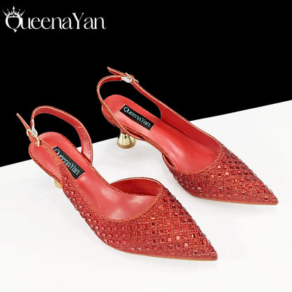 Queena Yan 2026 Italian Design Rhinestone Luxury Navy Blue Pointed Toe Shoe & Bag Set Women High Heels for Parties High Quality