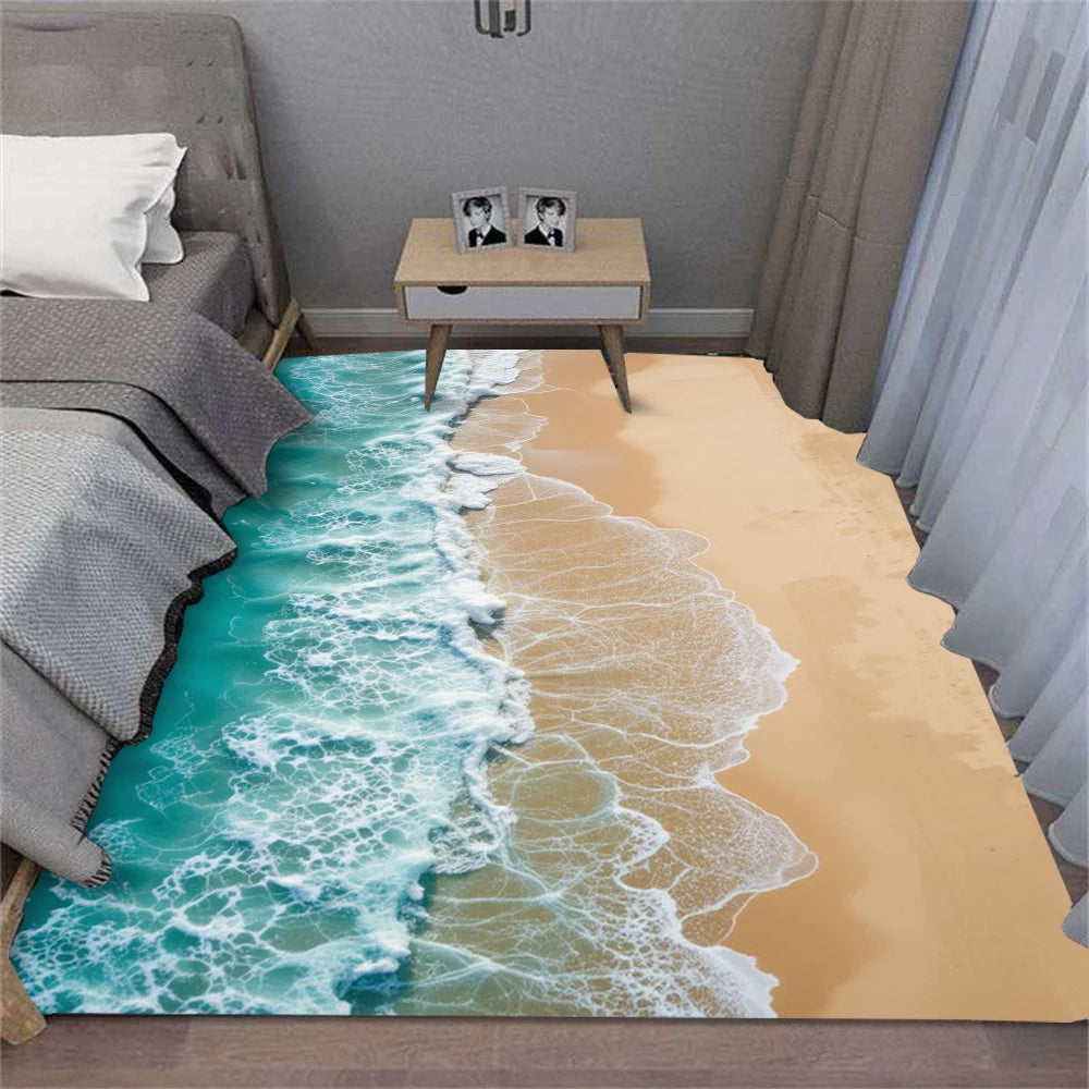 Crystal Velvet Carpet Summer Waves Beach Shell Rug for Living Room Sofa Bedroom Kitchen Hallway Decor