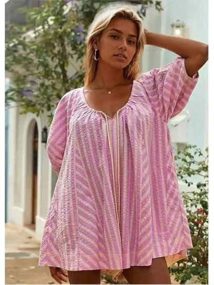 fall Beach Vacation Rompers Short-sleeve Striped Jumpsuit Slim Casual Loose Deep V Wide-leg Short Jumpsuit For Women Clothing