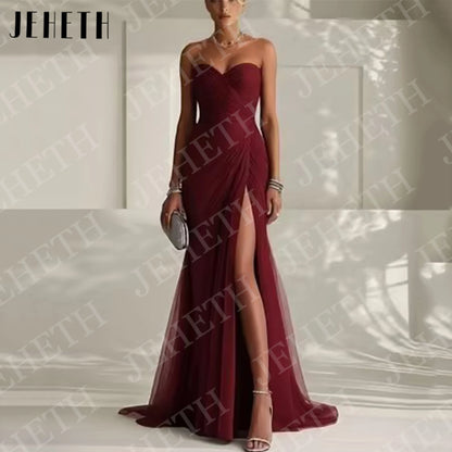 JEHETH Sky Blue Elegant Evening Dresses for Wedding Guest Woman Strapless Tulle Pleated High Slit Engagement Dress Customized