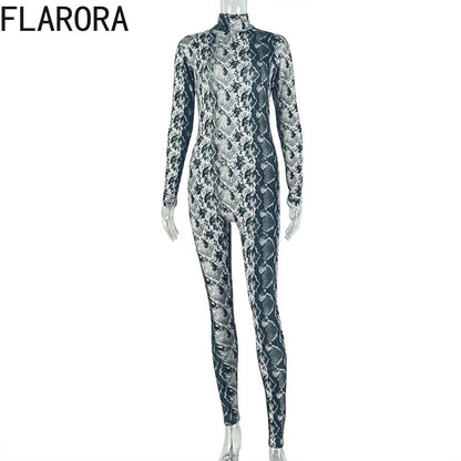 FLARORA Vintage Serpentine Printing Jumpsuits Woman Trend Turtleneck Full Sleeve Skinny Peach Hip Night Party Clubwear Overalls