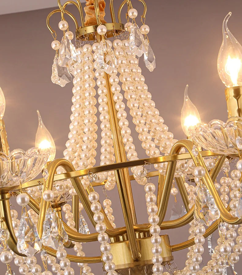 European Living Room Gold Candle E14 Chandelier Luxury Crystal Pearl Led Pendant Lights Villa Decor Led Suspend Lamp Luminarias