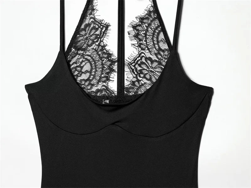 Women's Bodysuit 2026 New Fashion Summer Black Spliced Lace Bodysuit for Women Elegant Chic Personality Spaghetti Strap Bodysuit