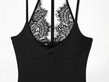 Women's Bodysuit 2026 New Fashion Summer Black Spliced Lace Bodysuit for Women Elegant Chic Personality Spaghetti Strap Bodysuit