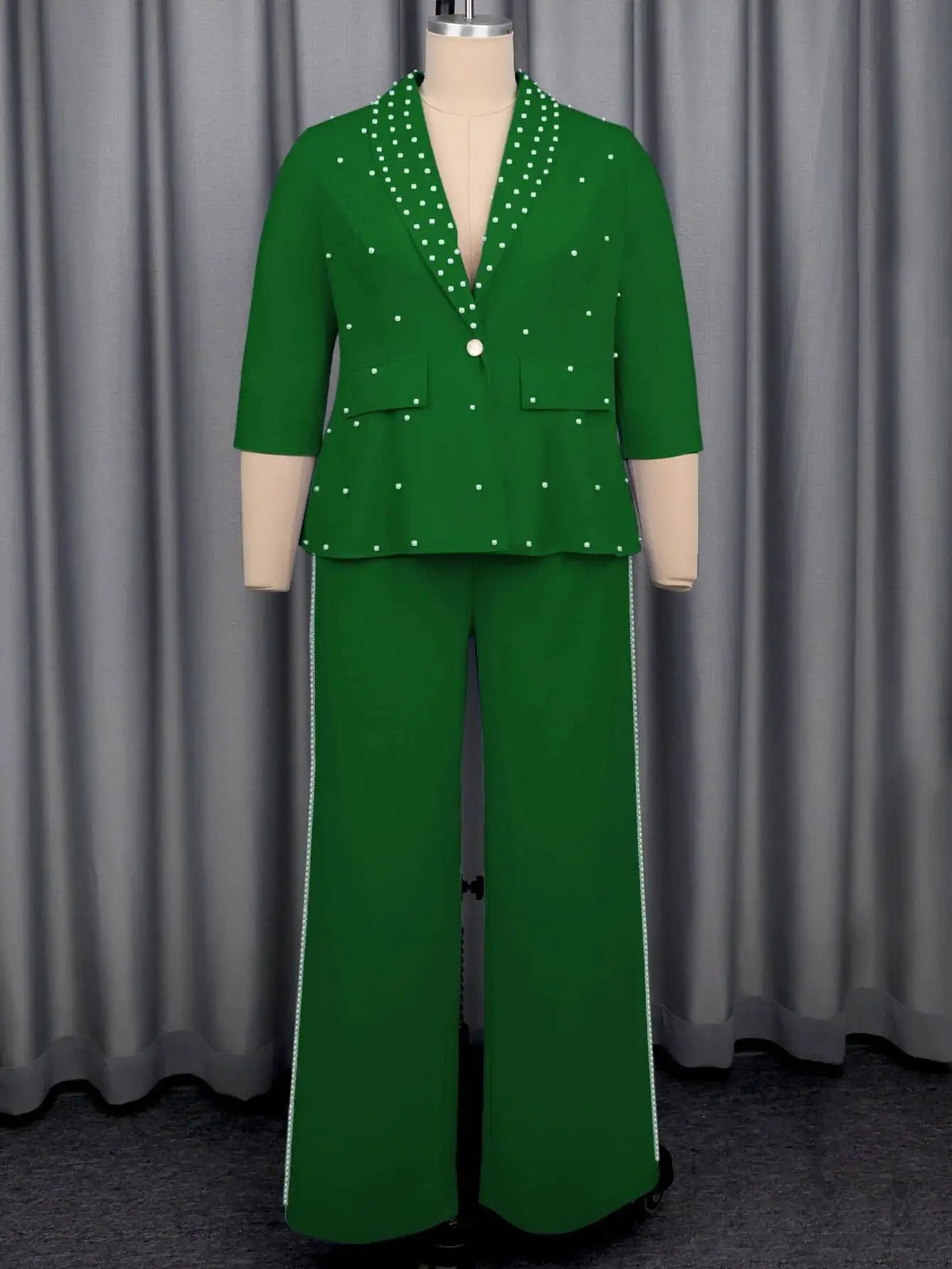 Plus Size Women's Green Beaded Blazer Suit Three-quarter Sleeve Top + Wide-leg Pants Elegant Two-piece Set Casual Y2K Two Piece