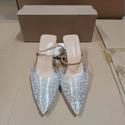 2026 New Fall Women Pointed Toe Stiletto Heel Sandals Peep Toe Clear PVC Rhinestone Pearl Embellished Fairycore Ethereal Dressy Party Shoes