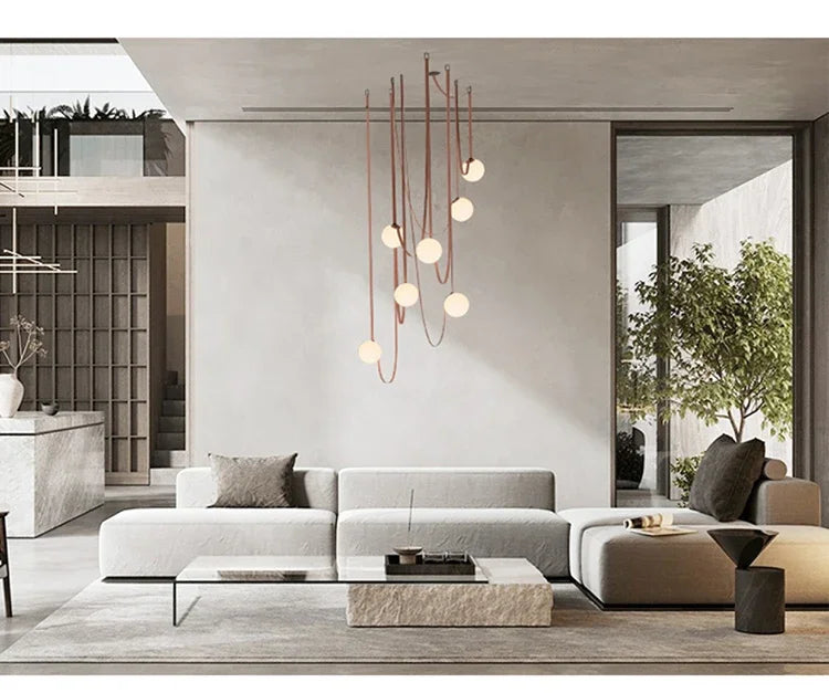 Nordic Leather Chandelier Italian Leather Belt Duplex Staircase Living Room Hotel Restaurant Decoration LED Lamps Pendant Lights