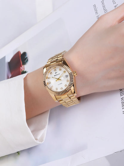 Business Diamond Inlaid Quartz Watch with Calendar Display, Metal Strap, Three-Dimensional Texture Dial, Wear-Resistant Design