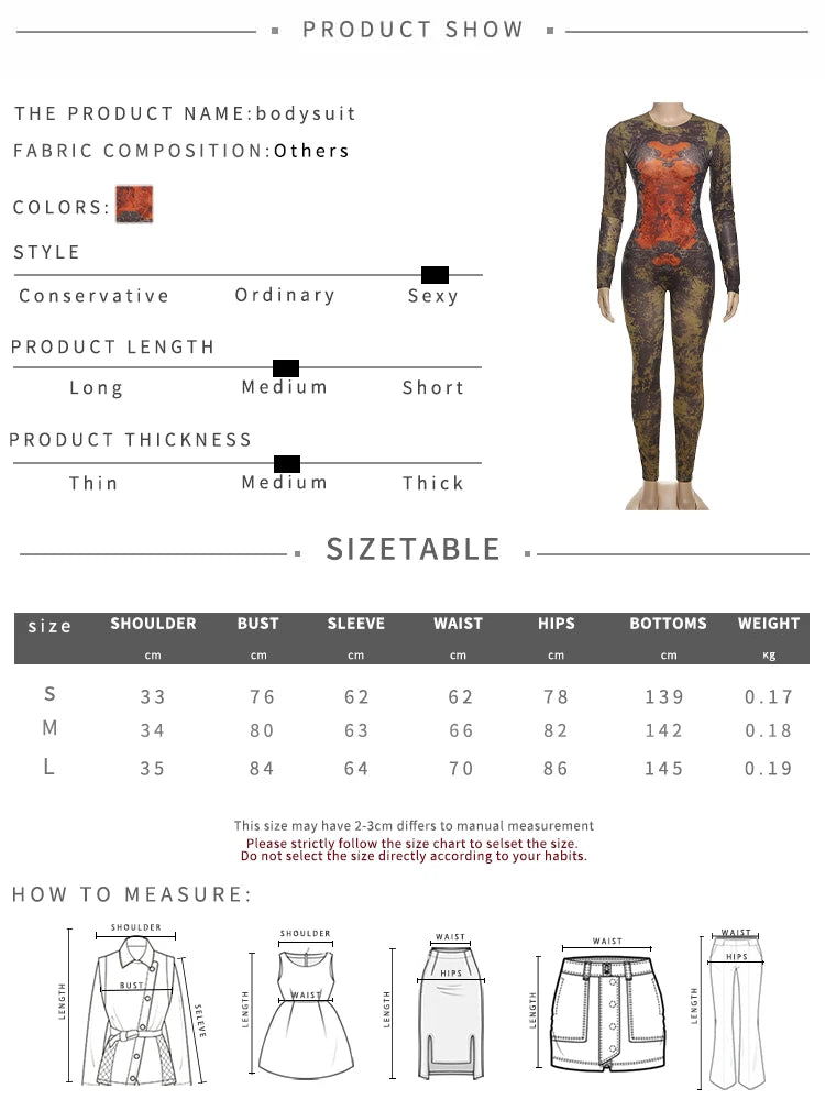 Weird Puss Sexy Fitness Jumpsuit Women Tie-Dye Print O-Neck Full Sleeve Skinny Streetwear Autumn Zip Slim Stretch Tight Overalls