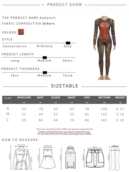 Weird Puss Sexy Fitness Jumpsuit Women Tie-Dye Print O-Neck Full Sleeve Skinny Streetwear Autumn Zip Slim Stretch Tight Overalls