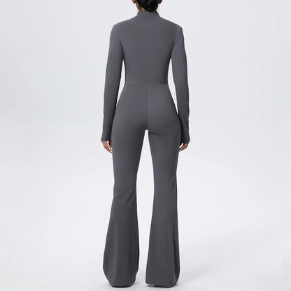 Women Long Sleeve Flare Workout Zip Up Romper Bottom Pants Wide Leg Bodysuit Bodycon One Piece Jumpsuit Activewear XP27