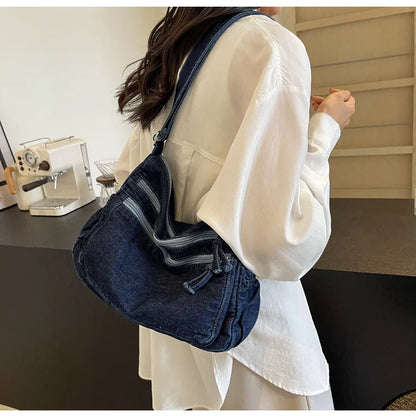 Vintage Denim Women's Shoulder Bag Large Capacity Messenger Bag Multi-pockets Satchel Bags Adjustable Strap Ladies Crossbody Bag